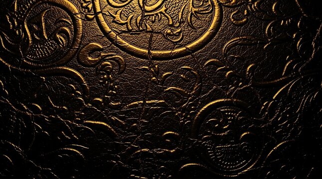 A dark golden, heavily textured surface adorned with ornate, swirling patterns, prominently featuring a large, central circular element and profound cracks.