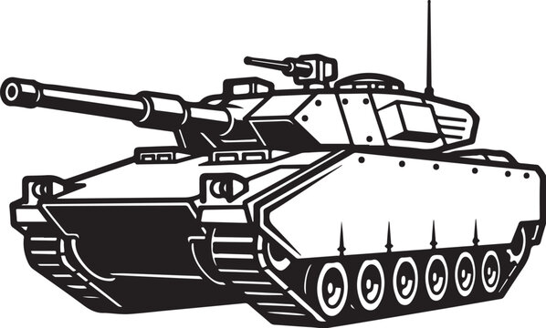Military tank, combat vehicle, black and white illustration, vector graphics