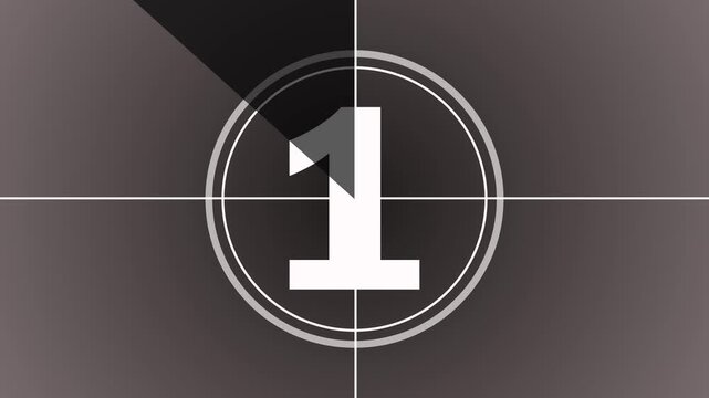 White retro countdown animation 5 to 0 number 4k video. Vintage film leader countdown from 5 to 0 seconds. Five seconds old film circular countdown animation vintage
