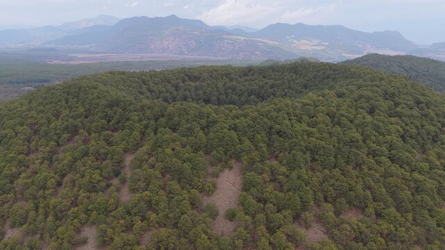 Aerial view of lush green trees covering a volcano with mountains in the background, Tengchong, Yunnan, China.