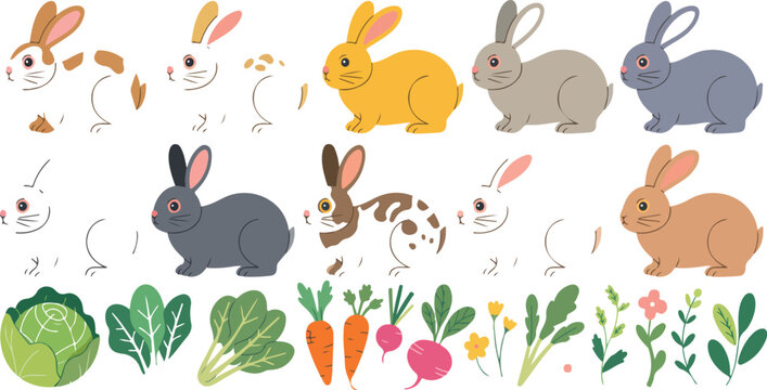 Cartoon cute spring rabbits and hares with flowers and vegetables, bunny characters jumping, sitting and sleeping vector illustration set