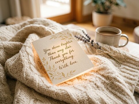 A cozy card on a knitted blanket with a cup of coffee and dried flowers
