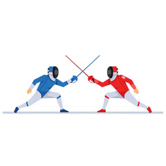 Obraz premium Two Fencers in Red and Blue Combat Uniforms with Swords Clashing