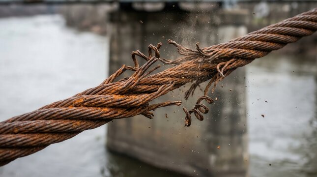 economy infrastructure crisis concept. Rusty frayed steel cable breaking near a concrete bridge over water.