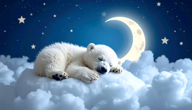 A sleeping polar bear cub rests peacefully on a fluffy white cloud against a backdrop of a starry night and crescent moon