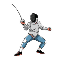 Fototapeta premium Fencer in protective gear holding a foil sword, ready for combat, isolated on white