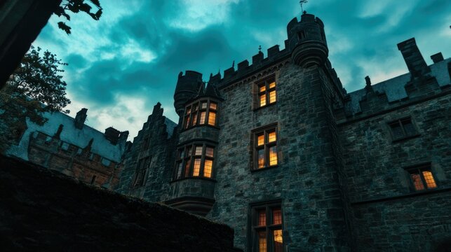 Majestic castle at twilight a stone fortress with illuminated windows