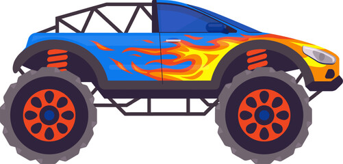 Monster truck with flame decals displaying extreme sports power © WinWin