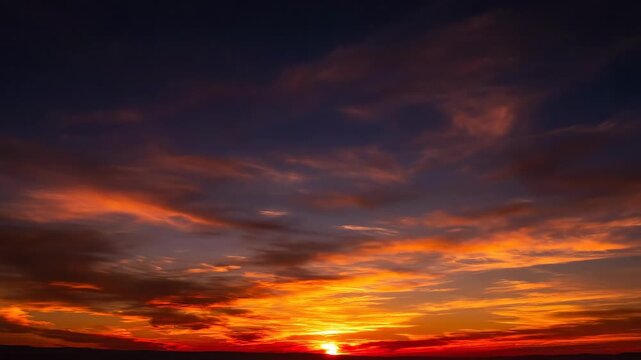 Fiery sunset sky with dramatic clouds painting the horizon with vibrant hues of orange and red