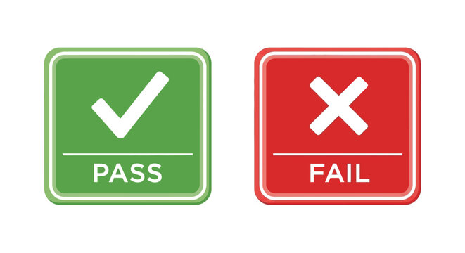 Two square signs green pass and red fail display white check and x marks showcasing success and failure silhouette high quality