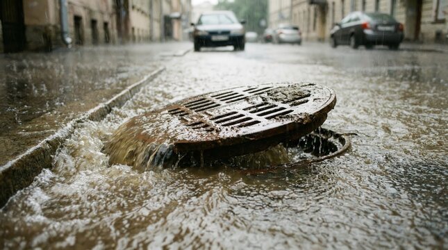economy infrastructure crisis concept. Overflowing manhole cover on a wet street with water gushing out on a rainy day.