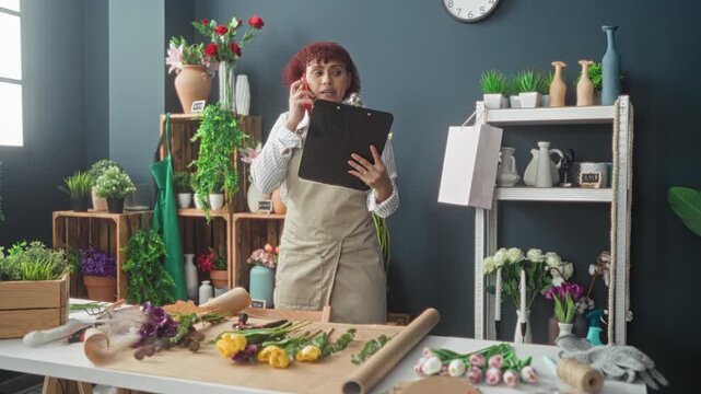 Woman florist holding clipboard and phone at ear arranging tulips and roses on worktable in studio; calm focus.
