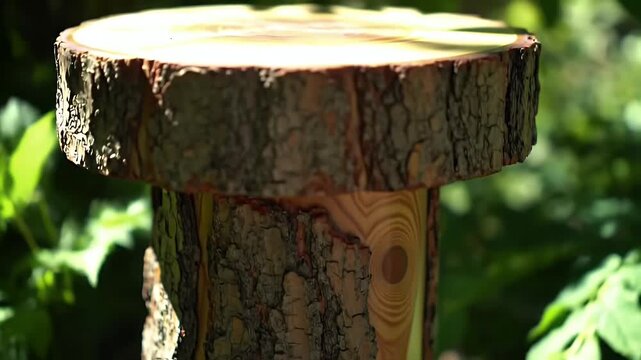 A weathered tree trunk with rugged bark and a hollowed hole amid sunlit green leaves