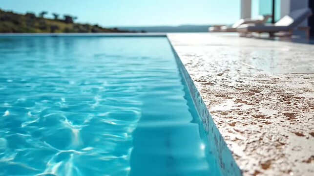 Close-up of vibrant blue infinity pool with sun reflections, textured deck, sunny resort view