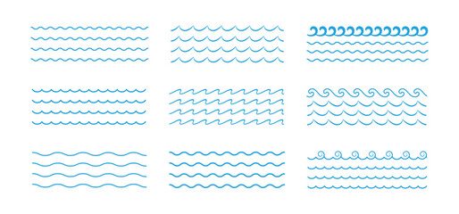 Set of wave line. Ocean waves line set. Water Waves, Sea Lines, and Surf Elements. Blue water waves. Vector illustration © Daily Beaters Studio
