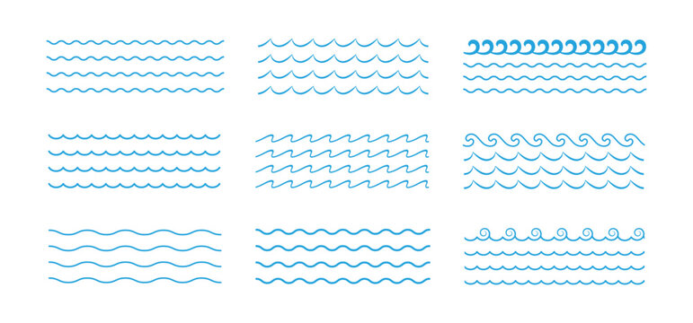 Set of wave line. Ocean waves line set. Water Waves, Sea Lines, and Surf Elements. Blue water waves. Vector illustration