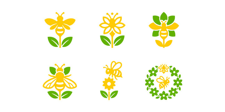 Collection of honey bee logos with leaf wings in modern minimal vector style, perfect for organic honey brands, eco products, natural food labels, and green business identity.