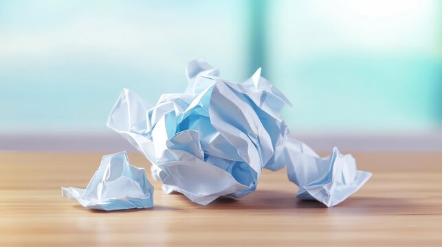 Crumpled paper ball on desk idea generation and business concepts