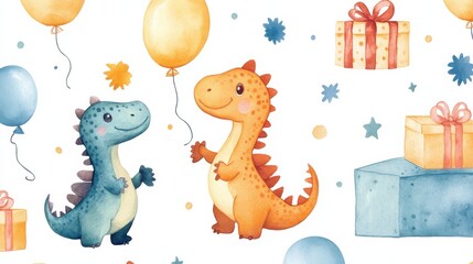 Naklejka premium baby dinosaur seamless pattern with balloons and gifts, watercolor, white background