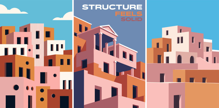 Geometric Abstract Cityscape Collage with Solid Structure Concept and Pastel Tones