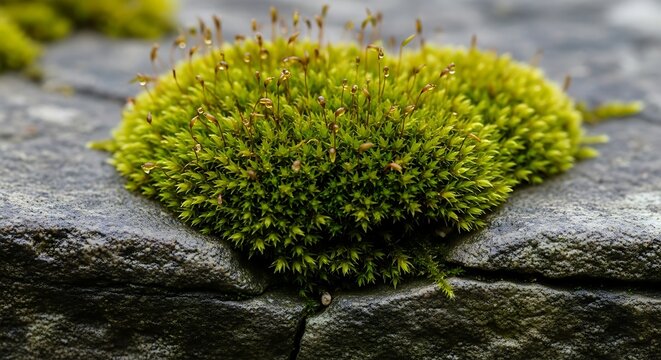 Vibrant green moss cluster growing on weathered stone surface.