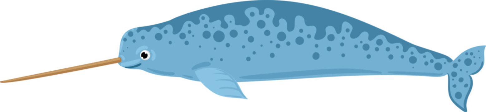 Narwhal cartoon character swimming showing long tusk