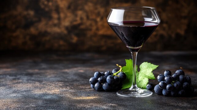 Elegant wine glass with red wine and black grapes still life composition