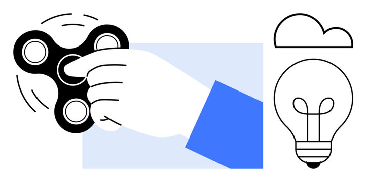Fidget spinner concept. A hand spinning a fidget spinner, focus and relaxation. Fidget spinner with additional creativity symbols thumbs up a lightbulb and cloud. Useful for mindfulness, stress