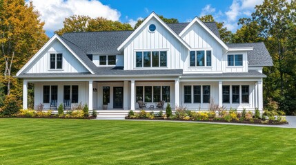 Fototapeta premium Modern white farmhouse exterior with lush green lawn