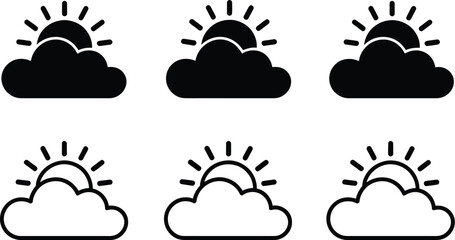 Fototapeta premium Partly cloudy weather icon set, minimalist black and white vector icons showing sun and cloud combinations representing weather forecast climate and meteorology applications.