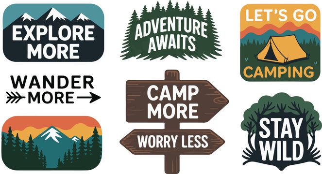 Set of adventure themed outdoor vector labels and badges, collection of camping and hiking themed designs for travel.