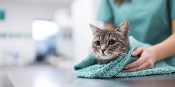 Cat wrapped in towel at veterinary clinic