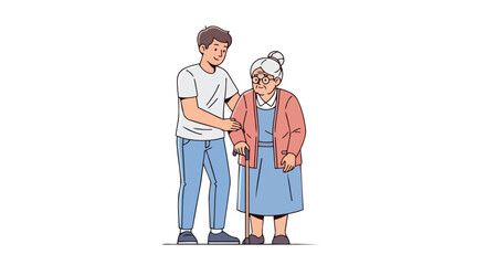 Obraz premium Young man supporting elderly woman with walking cane