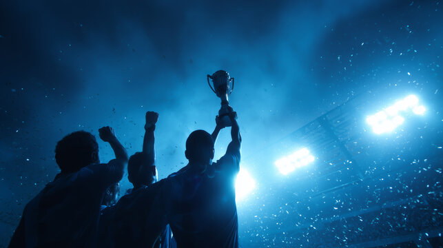 Football players silhouettes lifting trophy world cup winners celebration under stadium lights with confetti. 