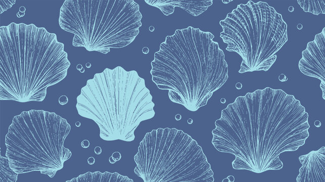 Vector background illustration of seashells and pearls, seamless pattern.

