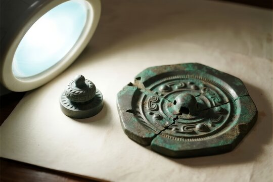 Ancient bronze artifact with intricate carvings and patina, displayed under focused lighting