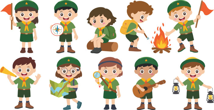Cute scout kids cartoon set with boys and girls in uniform camping building campfire outdoor adventure summer camp vector illustration