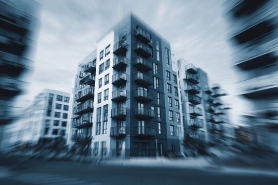 Modern multi-story residential buildings display a strong sense of motion blur against a pale sky