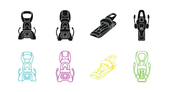 Colorful ski bindings icon set displaying various styles and perspectives