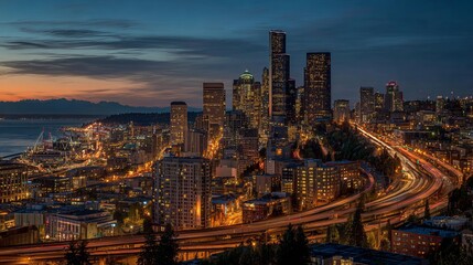 Fototapeta premium City lights twinkle in Seattle, Washington as the sun sets.