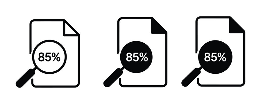 Document icons with 85 completion status. Vector icons showing 85 percent on documents with magnifying glass, symbolizing data analysis and statistics for business and finance use