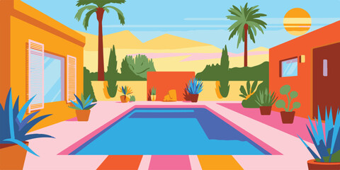 Obraz premium Vibrant summer vacation with swimming pool, palm trees, and desert mountains landscape, colorful architectural style.