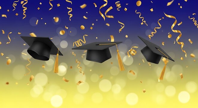 Graduation caps and confetti celebration, commencement ceremony, academic achievement, success, education, future, party, event, achievement, caps