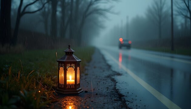 Candle lantern on a wet road with car lights in the distance