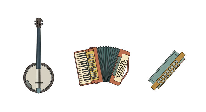 Banjo accordion and harmonica musical instruments.
