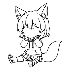 Fototapeta premium Sitting Chibi Fox Girl in Hoodie Line Art Illustration