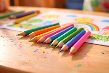 Obraz premium Colorful pencils and scattered shavings lie on a wooden table, representing childhood creativity, education, and learning activities for young students