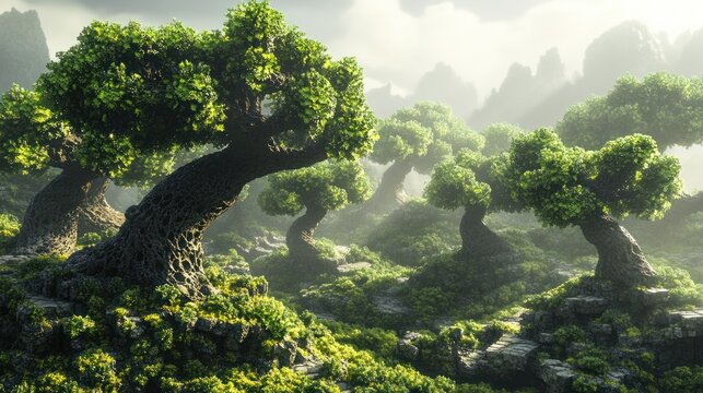 Green trees in misty mountain landscape
