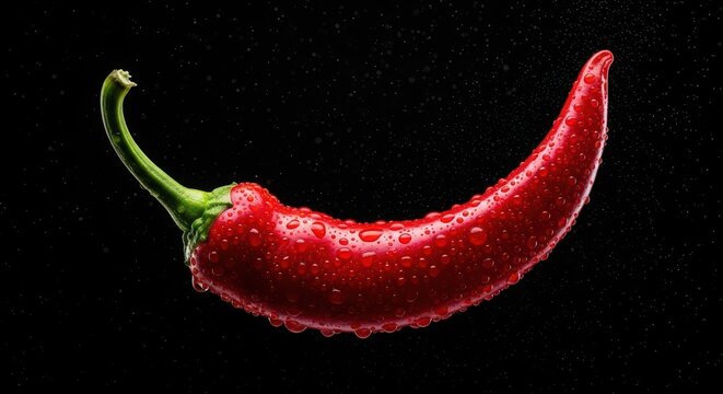 A red chili pepper with water droplets on a black background