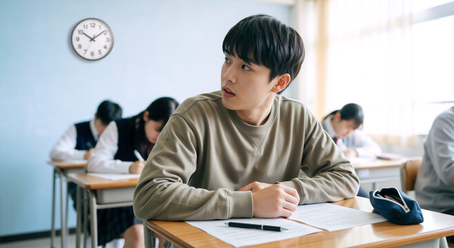 Asian male student looking away from test paper in classroom. Distracted teenager taking exam with clock on wall